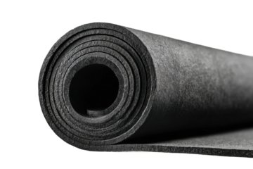 Unrolling durable rubber mat for home gym indoor close-up fitness. Isolated on transparent background, png.