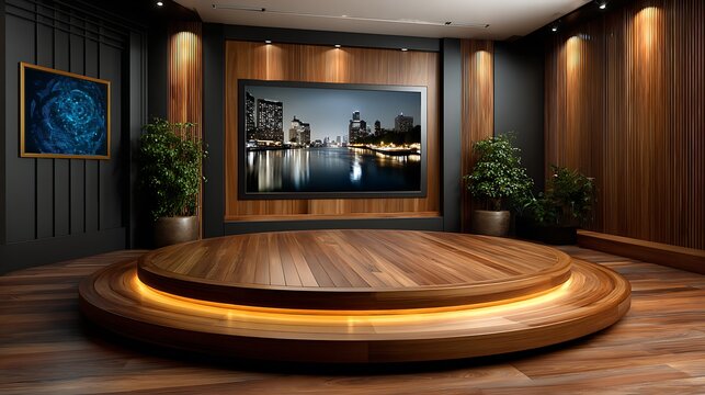 Modern studio set with circular stage and cityscape backdrop