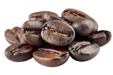 Brewed coffee beans home kitchen product photography close-up. Isolated on transparent background, png.