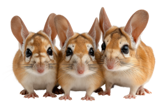 Curious chipmunks gather together in studio close-up photography. Isolated on transparent background, png.