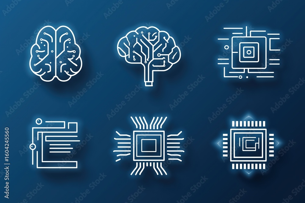 Fototapete abstract line art icons of ai, big data, and neural networks with gradient blue outlines on dark bac