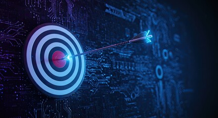 Futuristic digital target interface with binary code on a blue technical screen, illustrating data communication and business technology