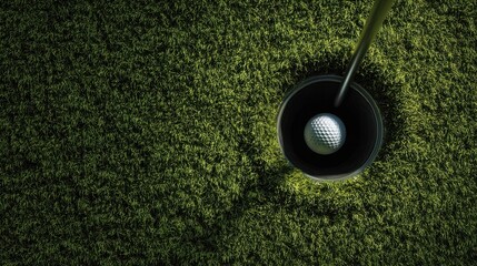 The golf ball resting in the hole surrounded by lush green grass.