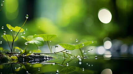 Obraz premium Gros plan sur un point d'eau avec de la végétation. Goutte d'eau sur une flaque, un lac, une marre. Avec des feuilles, branches. Arrière-plan bokeh de la nature. 