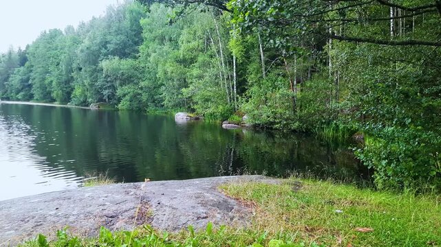 Landscape of a summer, daytime lake with forest.
