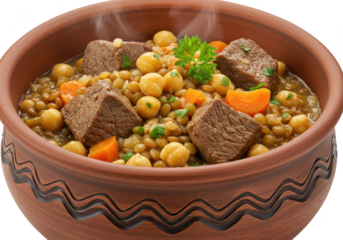 A hearty beef stew with lentils chickpeas and carrots is served in a ceramic bowl