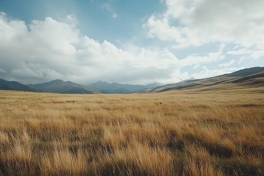 Expansive prairie landscape dotted wild grasses and rolling clouds no human no labelling no logo