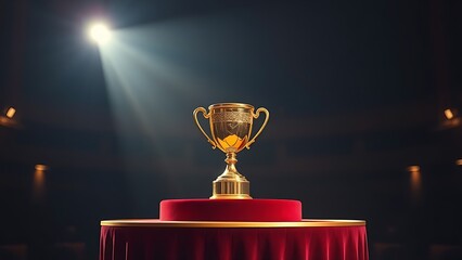 A golden trophy stands proudly on a velvet podium under dramatic spotlight in an auditorium.