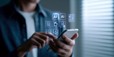 AI assistant on mobile device managing content generation for text, video, music, and image with smart automation, providing convenient access to multimedia tools in digital environment 