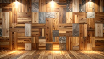 Artistic wooden and stone panel backdrop for creative interior design projects