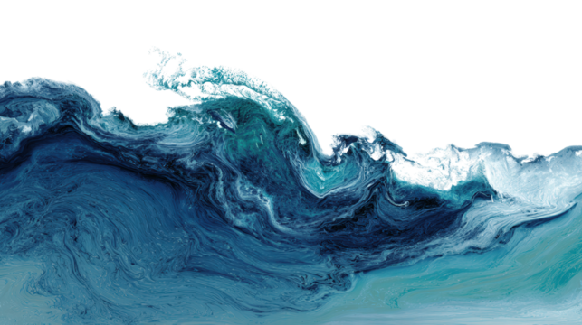 Abstract Ocean Waves: Fluid abstract ocean waves with dynamic swirls, deep blues, and foamy edges, isolated on a Transparent background, PNG file.