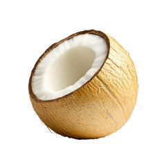 Half-cut golden coconut on black background displaying textured shell and white flesh