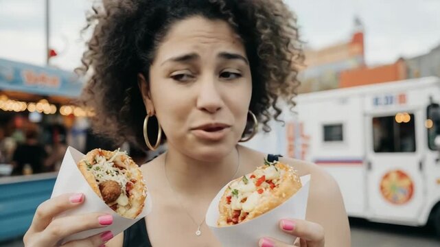 Woman enjoying delicious arepas at an outdoor food market with food truck background