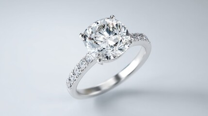 White gold ring with large sparkling diamond isolated on soft light gray gradient background, elegant luxury jewelry