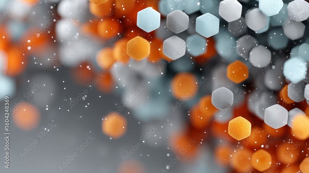 Poster abstract molecular structure with orange and blue bokeh and dynamic hexagonal particles background