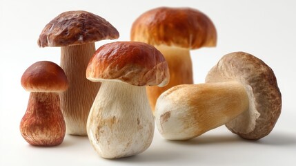 Fototapeta premium The variety of gourmet mushrooms arranged on a clean white surface