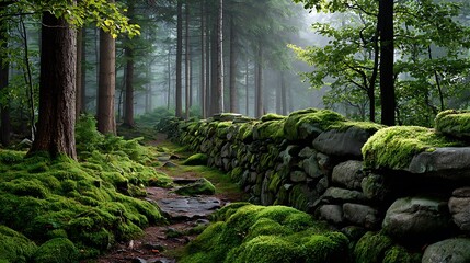 Enchanted forest path beside a moss covered stone wall