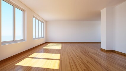 Fototapeta premium Bright Empty Room with Wooden Floor and Windows for Real Estate or Interior Design Concepts