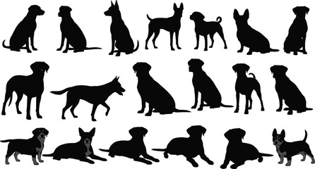 Silhouette set of various dog breeds in sitting and standing positions, black vector pet illustrations isolated on white background
