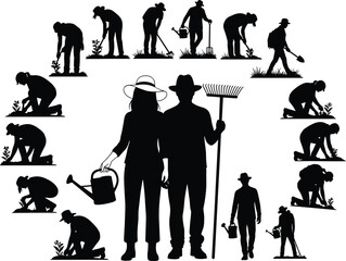 Gardening silhouettes, people planting, watering garden, using farming tools, outdoor activity, agriculture scene, teamwork, eco-friendly lifestyle, rural garden care