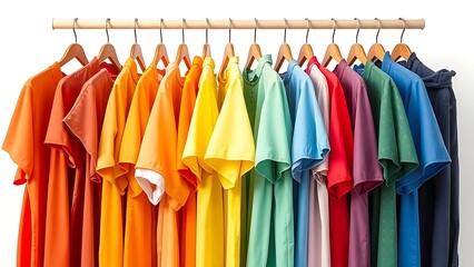 Colorful clothing arranged in a rainbow gradient on hangers, displaying vibrant fashion choices.