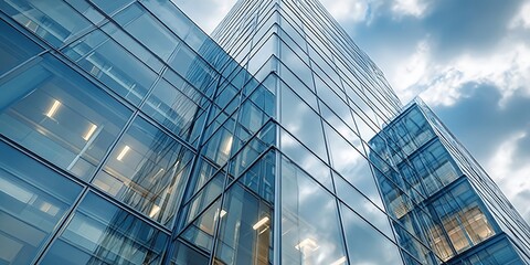 Obraz premium Stunning Modern Glass Building with Geometric Design, Reflections, and Contemporary Office Spaces