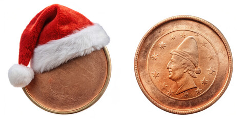 old cooper euro coin and santa hat isolated on transparent