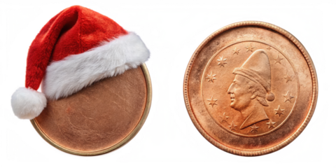 old cooper euro coin and santa hat isolated on transparent