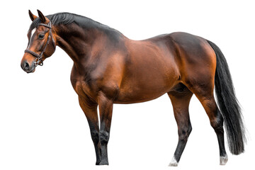 Fototapeta premium Realistic brown horse PNG, full body bay stallion illustration, equine animal clipart for ranch and veterinary design isolated on Transparent Background