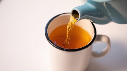 The art of pouring tea from a charming teapot into a warm mug.