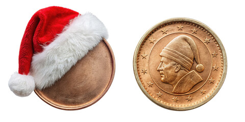 old cooper euro coin and santa hat isolated on transparent