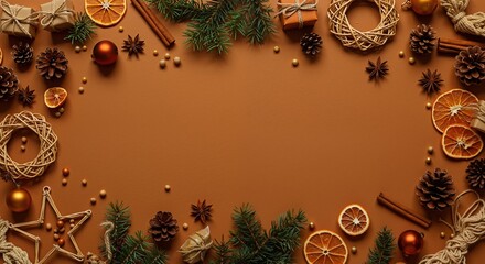 Christmas border with evergreen branches pine cones dried oranges cinnamon sticks and golden ornaments. Natural holiday decoration for rustic festive marketing campaigns