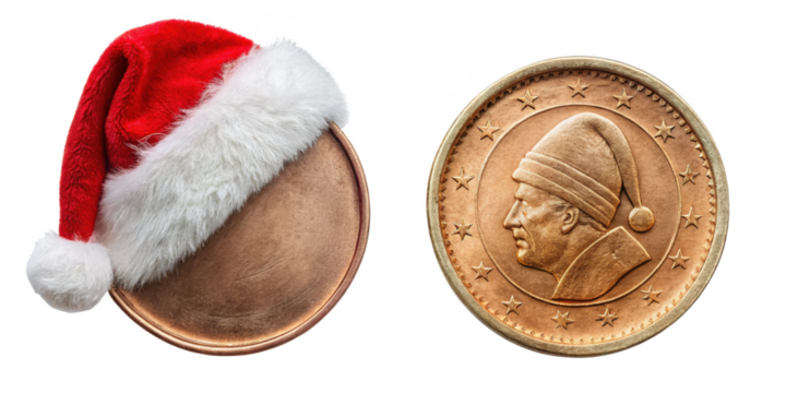 old cooper euro coin and santa hat isolated on transparent