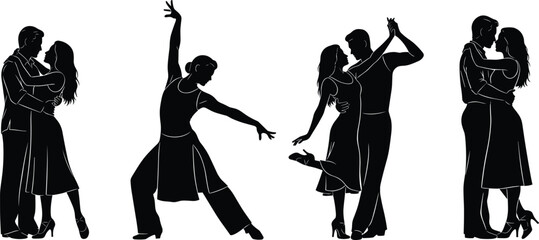 Dance silhouette art, couples dancing, elegant movement, romantic tango, salsa pose, ballroom passion, graceful embrace, performance illustration, expressive choreography, unity