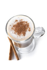 Maple Latte with Cinnamon in Glass Mug isolated on white background