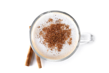 Maple Latte with Cinnamon in Glass Mug isolated on white background. Top view