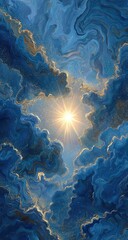 Sky filled with swirling clouds, sun shining through