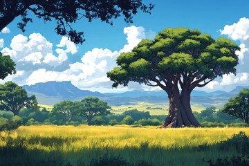 Expansive grassy savanna dotted lone ancient baobab trees no human no labelling no logo