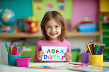 A child proudly showing a completed alphabet worksheet to the camera, sitting at a colorful desk with school supplies.