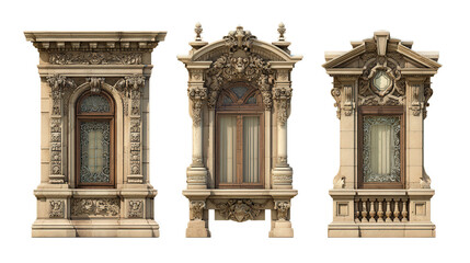 Obraz premium Architectural Details: Intricate architectural details such as grand windows, stone arches, and ornate carvings, isolated on a Transparent background, PNG file.