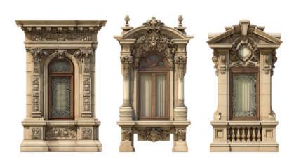 Architectural Details: Intricate architectural details such as grand windows, stone arches, and ornate carvings, isolated on a Transparent background, PNG file.