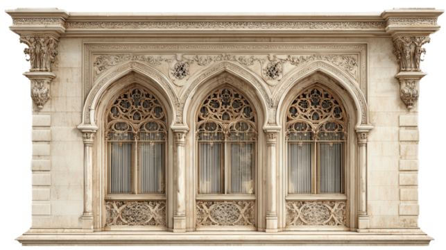 Architectural Details: Intricate architectural details such as grand windows, stone arches, and ornate carvings, isolated on a Transparent background, PNG file.