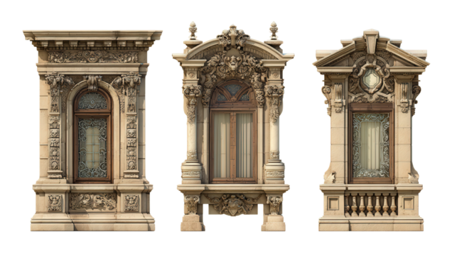 Architectural Details: Intricate architectural details such as grand windows, stone arches, and ornate carvings, isolated on a Transparent background, PNG file.