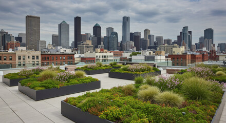 Fototapeta premium Vibrant Rooftop Garden Oasis with Lush Green Plants and Flowering Shrubs Overlooking a Dynamic City Skyline Under a Cloudy Sky