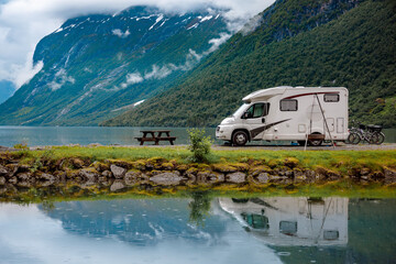Family vacation travel RV, holiday trip in motorhome, Caravan car Vacation.