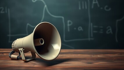 Close-up of a megaphone on wood with blackboard, symbolizing communication and ideas.