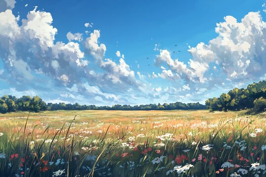 Expansive prairie landscape dotted wild grasses and rolling clouds no human no labelling no logo