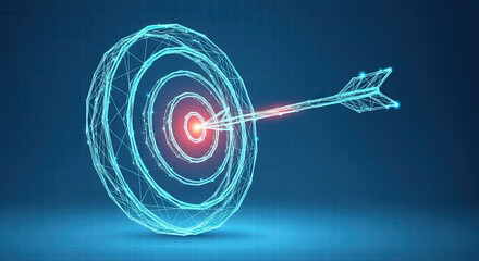Digital arrow hitting the bullseye of a futuristic target
