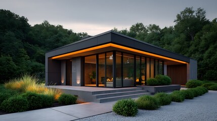 Modern forest home with warm exterior lighting