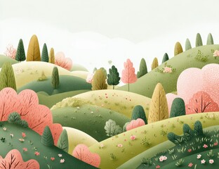 Pastel-hued hills, stylized trees, and wildflowers. Springtime landscape
